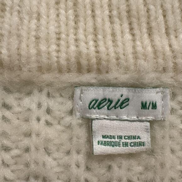 Aerie Sweater Womens Medium Cream Chunky Knit Ribbed Crewneck Wool Blend Cozy - Picture 2 of 11